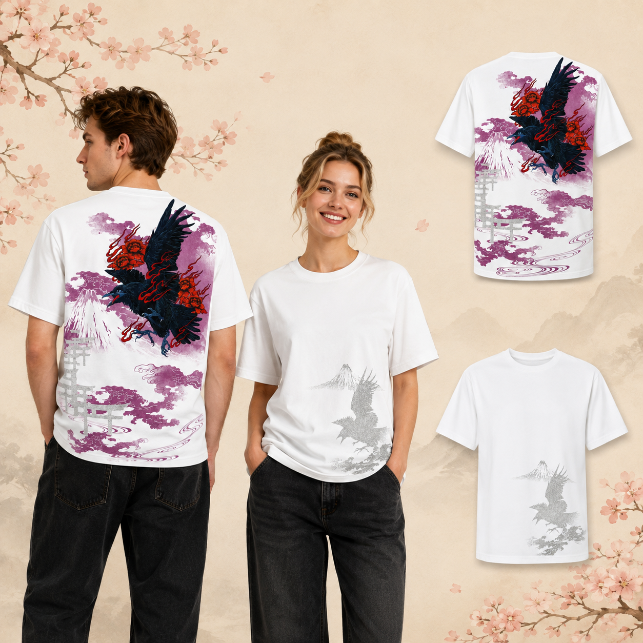 T-shirt à manches courtes - Corbeau et Mt Fuji - Blanc