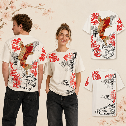 T-shirt à manches courtes - Koï Éventail Cerisiers - Blanc