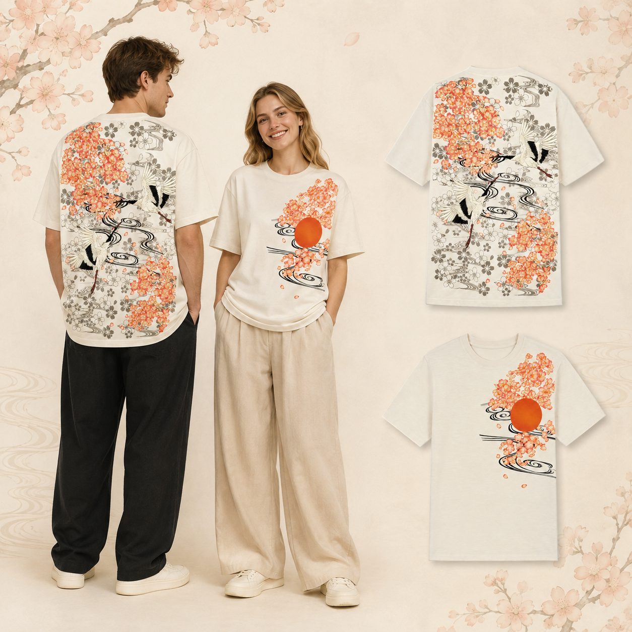 T-shirt à manches courtes - Tsuru et Cerisiers - Blanc