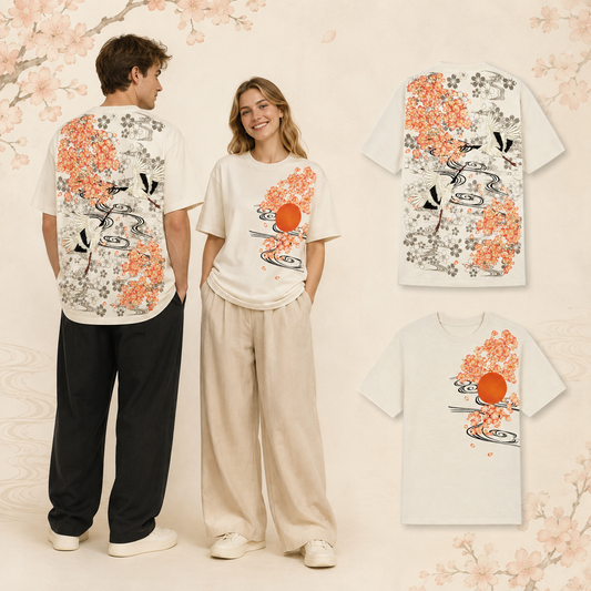 T-shirt à manches courtes - Tsuru et Cerisiers - Blanc