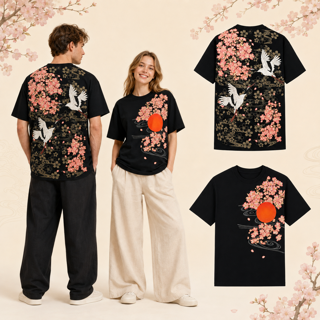 T-shirt à manches courtes - Tsuru et Cerisiers - Noir