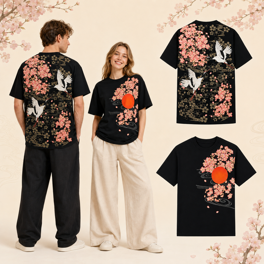 T-shirt à manches courtes - Tsuru et Cerisiers - Noir