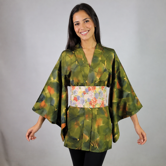 Veste Haori Vintage en Soie – Kimono Japonais Authentique – Cercles Abstraits Verts
