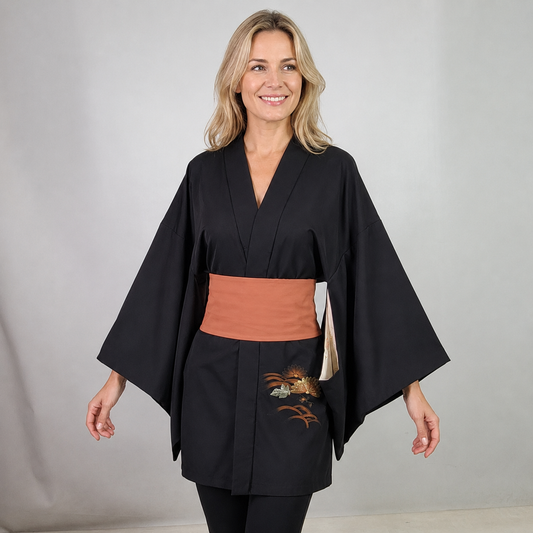 Vintage Japanese Silk Haori Jacket - Authentic Kimono Robe [Striped Rose]