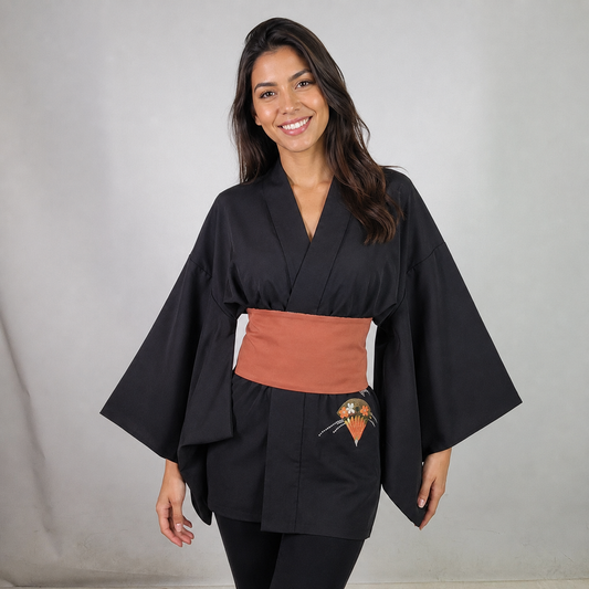 Vintage Japanese Silk Haori Jacket - Authentic Kimono Robe [Striped Rose]
