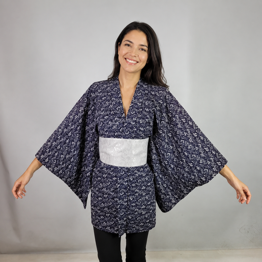 Vintage Japanese Silk Haori Jacket - Authentic Kimono Robe [Striped Rose]