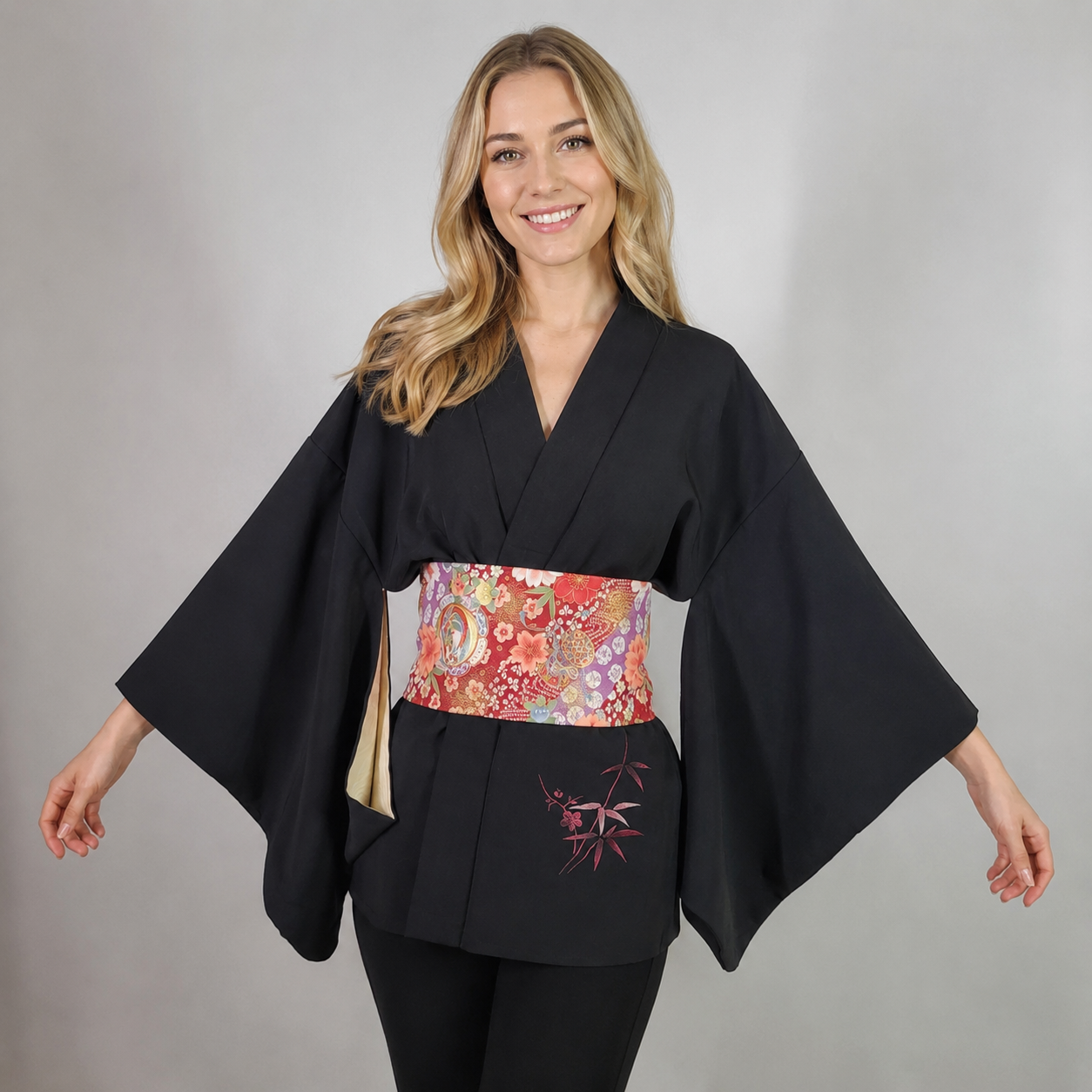 Veste Haori Vintage en Soie – Kimono Japonais Authentique – Fleurs de Prunier et Bambou