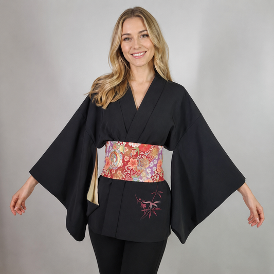 Vintage Japanese Silk Haori Jacket - Authentic Kimono Robe [Striped Rose]