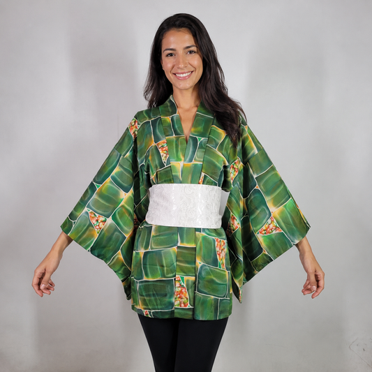 Veste Haori Vintage en Soie – Kimono Japonais Authentique – Mosaïque Émeraude