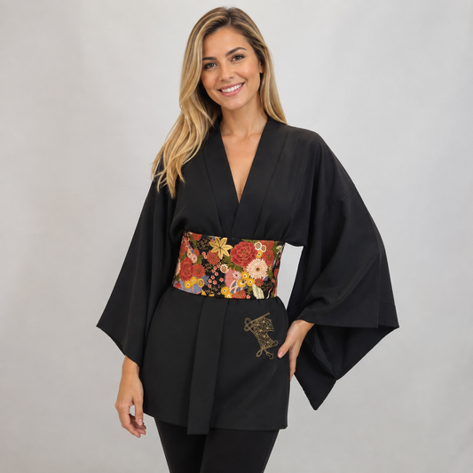 Veste Haori Vintage en Soie – Kimono Japonais Authentique – Pivoines et Fleurs de Prunier