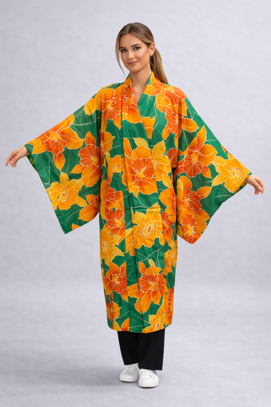 Veste Kimono Longue en Soie Vintage – Création Upcyclée avec Poches [Vitalité Verte]
