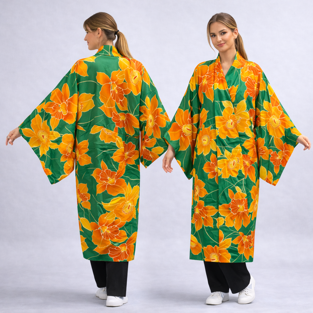 Veste Kimono Longue en Soie Vintage – Création Upcyclée avec Poches [Vitalité Verte]