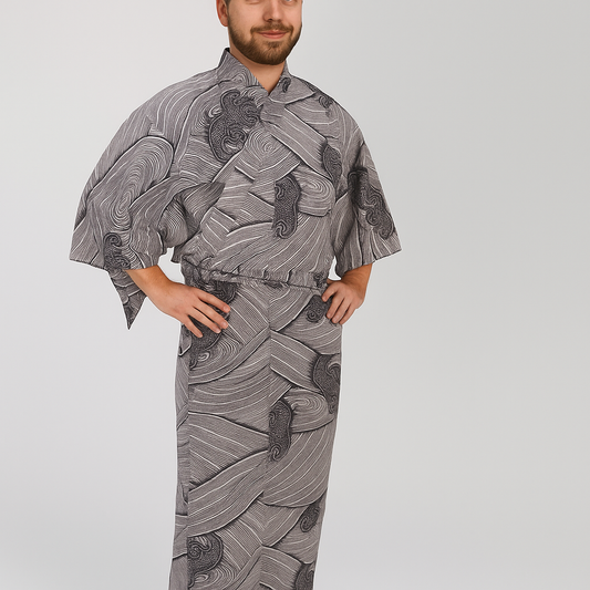 Yukata homme – Motif tourbillons et lignes abstraites