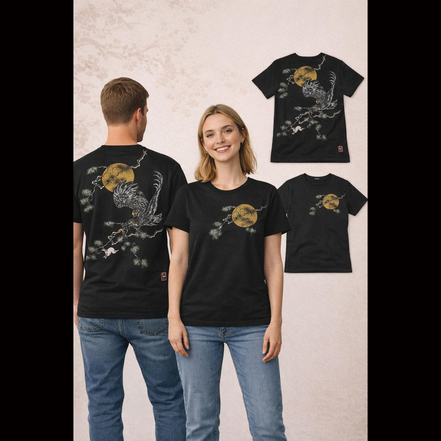 BLACK short-sleeved T-shirt - EAGLE AND USAGI