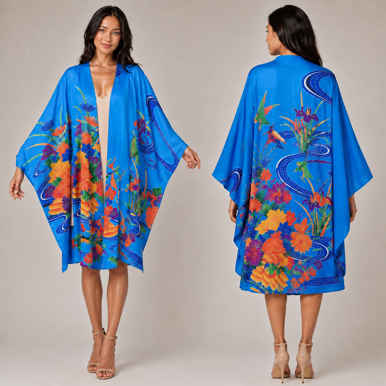 Kimono Cardigan Fluide en Soie – Bleu Éclatant à Motifs Floraux Traditionnels Bleu clair