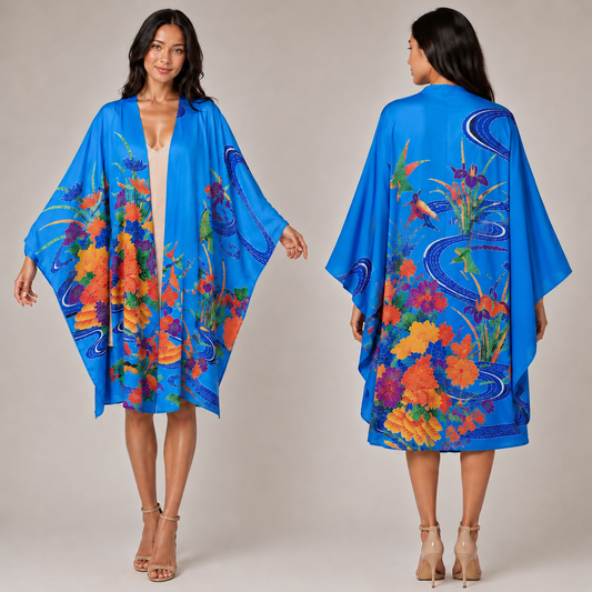 Kimono Cardigan Fluide en Soie – Bleu Éclatant à Motifs Floraux Traditionnels Bleu clair