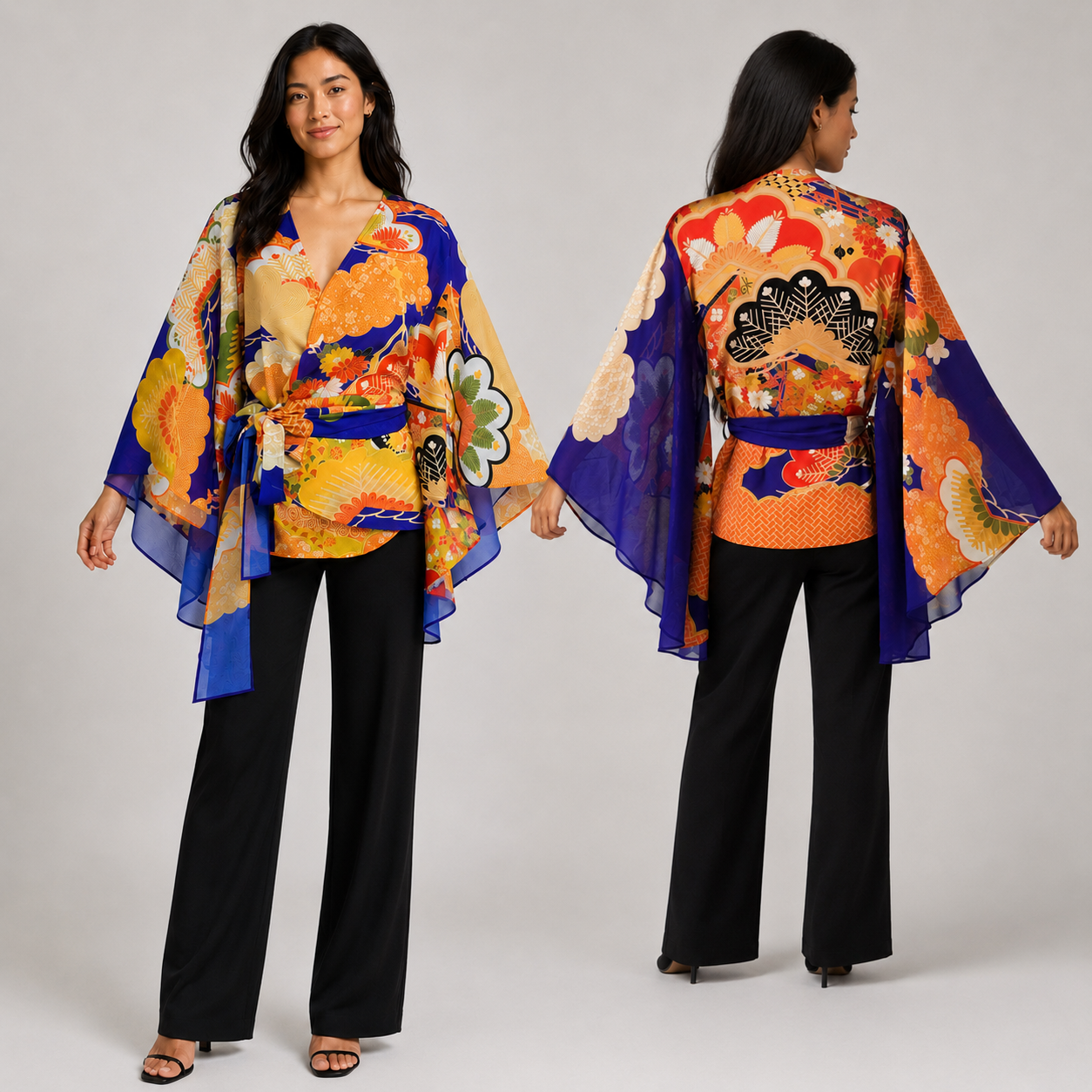 Blouse Cache-Cœur Style Kimono – Motifs Traditionnels Japonais et Manches Fluides Bleu