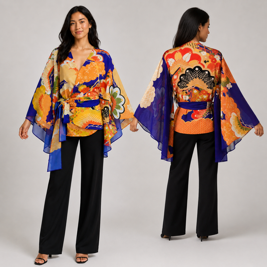 Blouse Cache-Cœur Style Kimono – Motifs Traditionnels Japonais et Manches Fluides Bleu