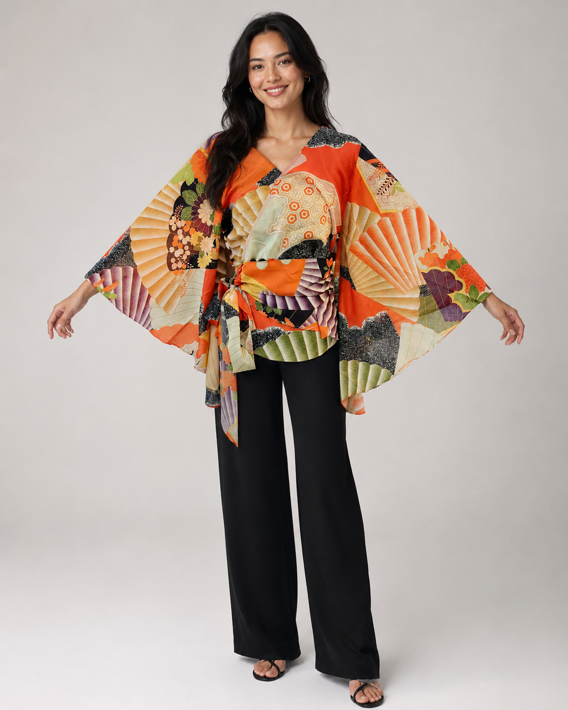 Blouse Cache-Cœur Style Kimono – Motifs Traditionnels Japonais et Manches Fluides Noir