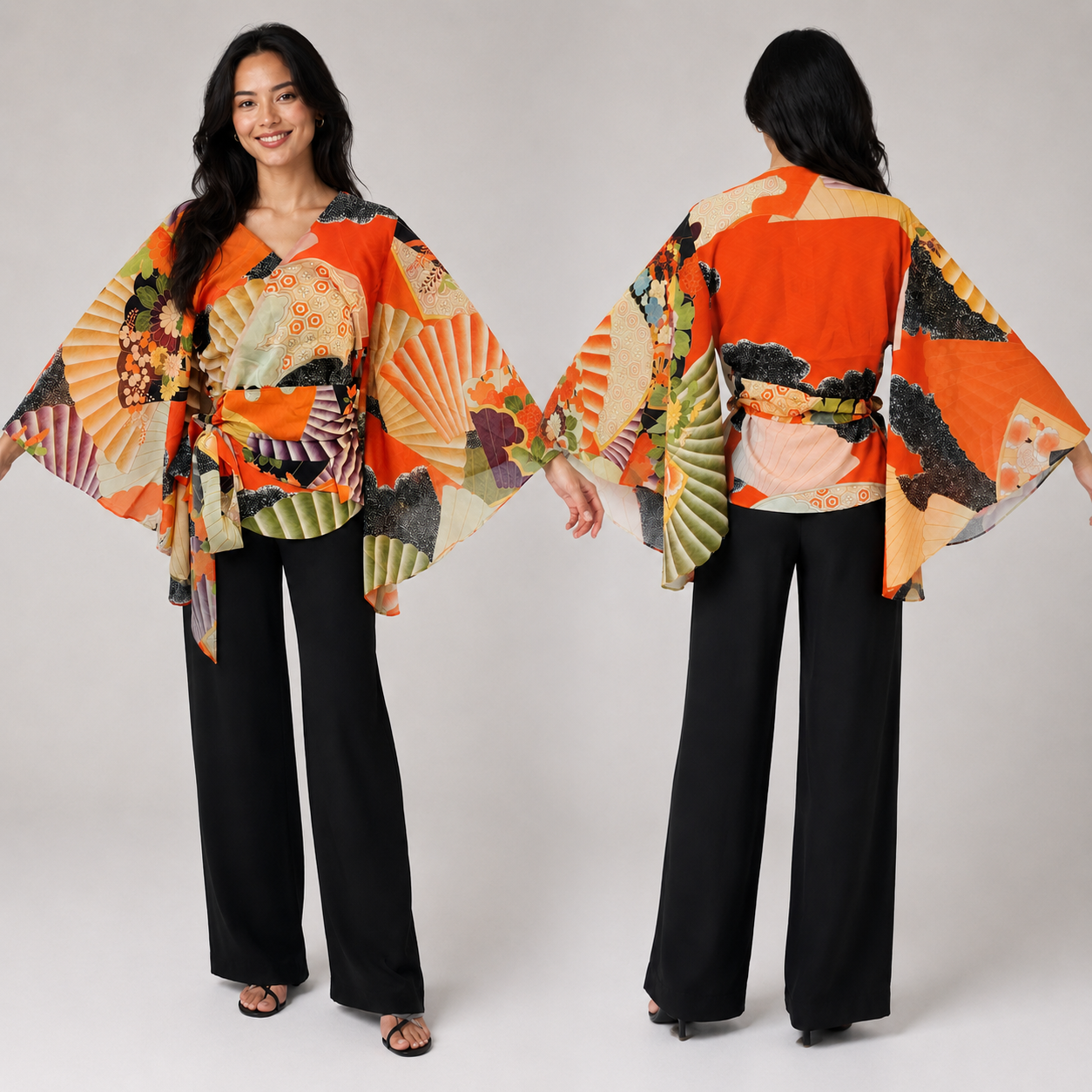 Blouse Cache-Cœur Style Kimono – Motifs Traditionnels Japonais et Manches Fluides Noir
