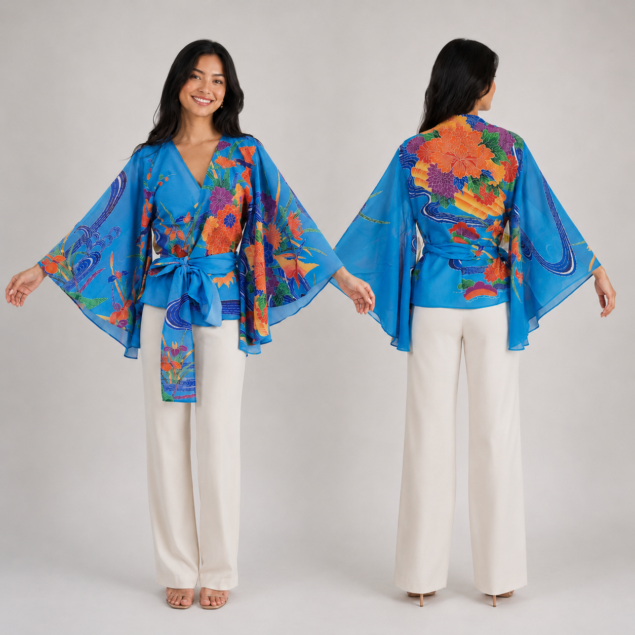 Blouse Cache-Cœur Style Kimono – Motifs Traditionnels Japonais et Manches Fluides Bleu clair