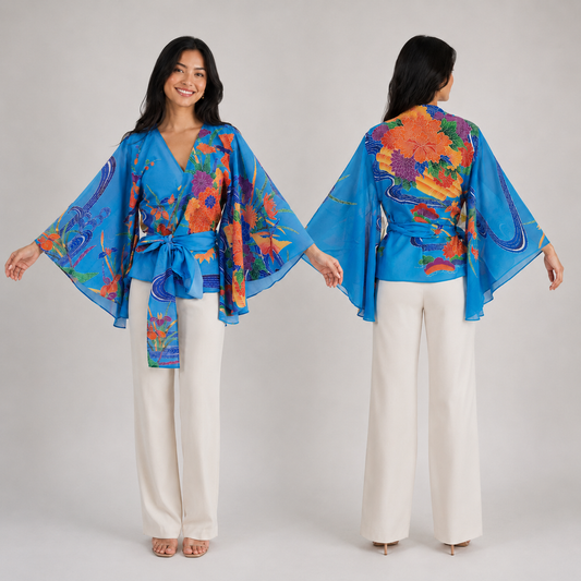 Blouse Cache-Cœur Style Kimono – Motifs Traditionnels Japonais et Manches Fluides Bleu clair