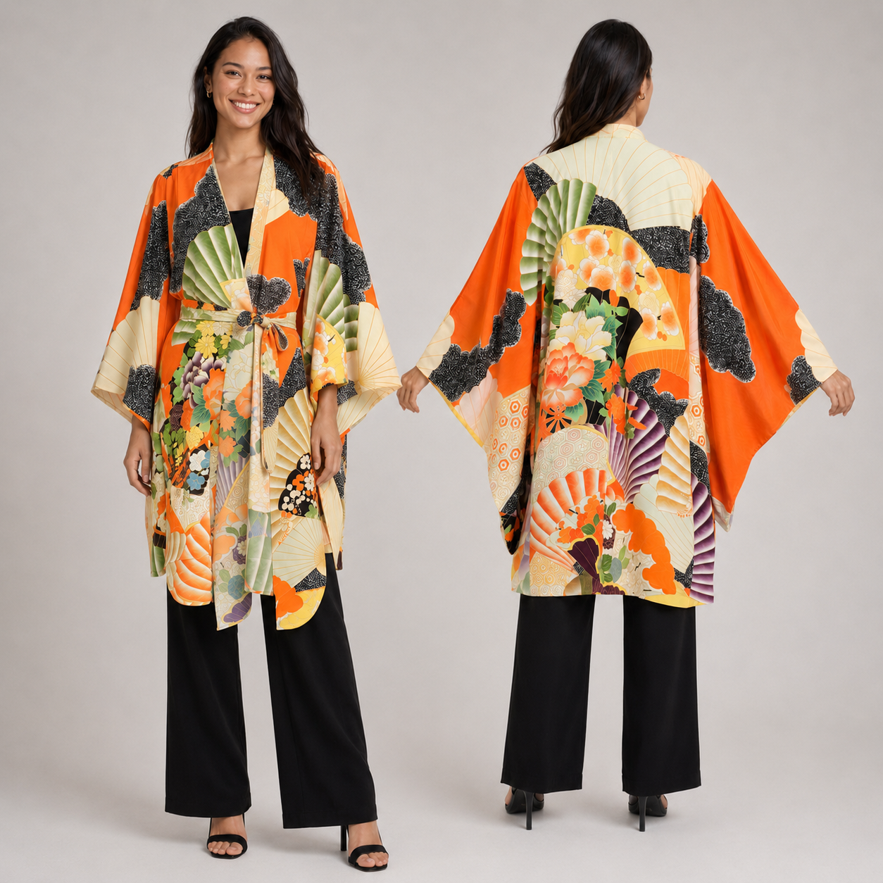 Kimono Cardigan Fluide en Soie – Bleu Éclatant à Motifs Floraux Traditionnels Orange