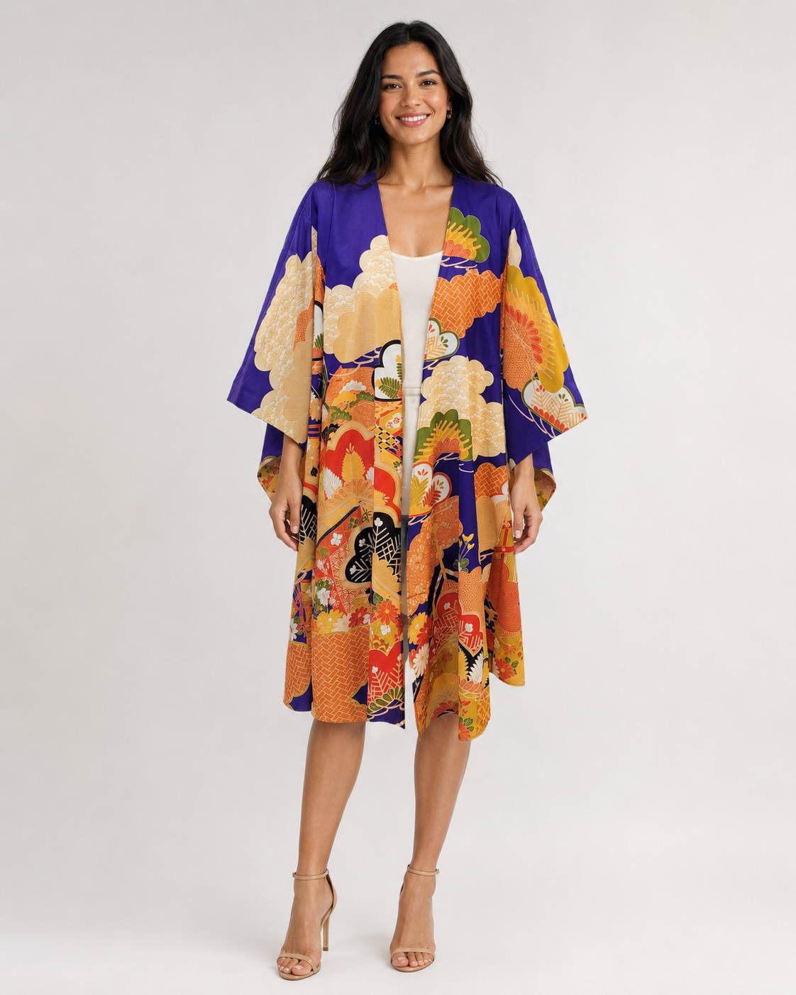 Kimono Cardigan Fluide en Soie – Bleu Éclatant à Motifs Floraux Traditionnels Bleu