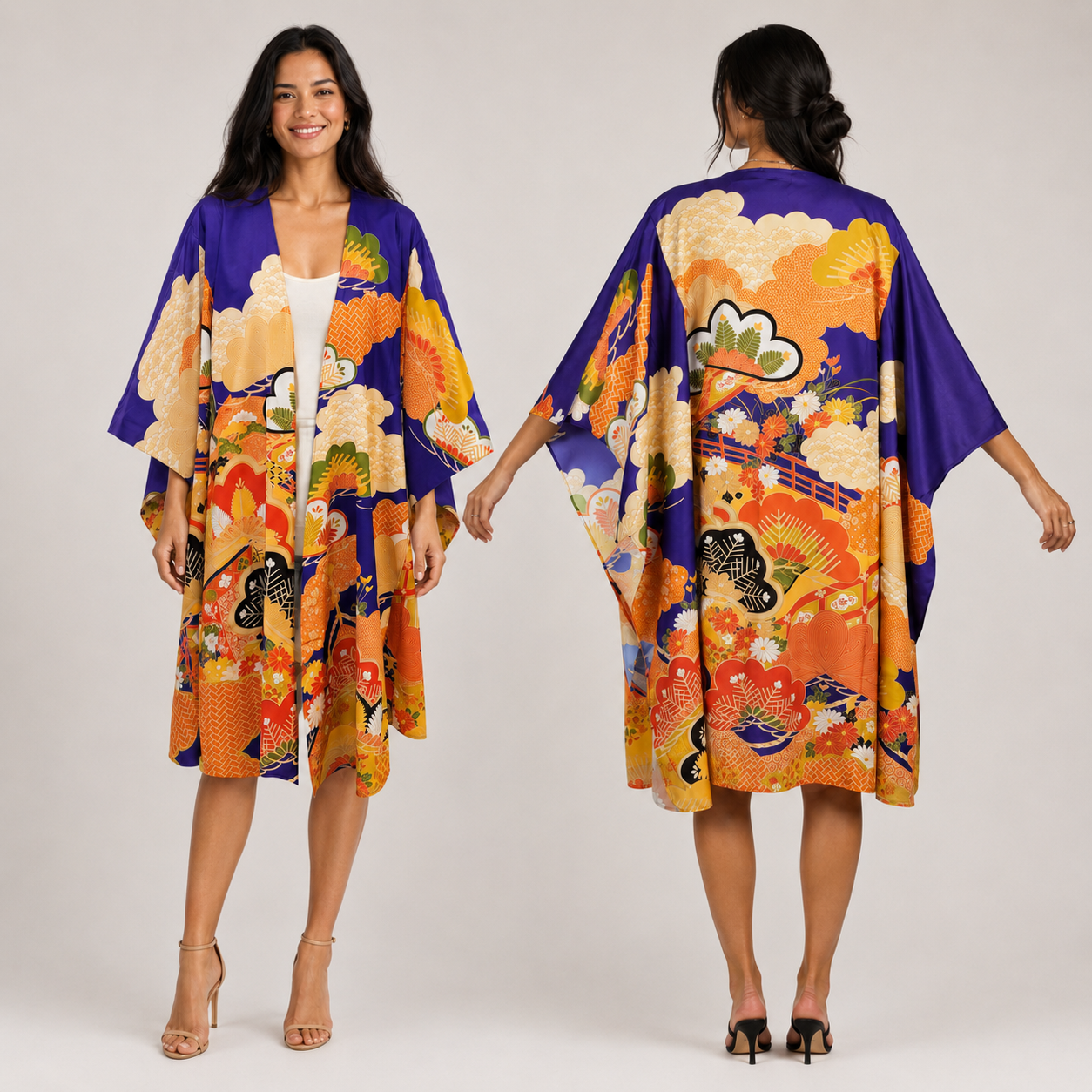 Kimono Cardigan Fluide en Soie – Bleu Éclatant à Motifs Floraux Traditionnels Bleu