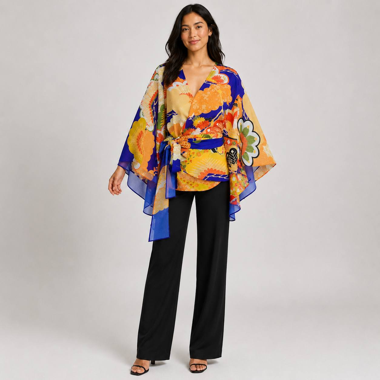 Blouse Cache-Cœur Style Kimono – Motifs Traditionnels Japonais et Manches Fluides Bleu