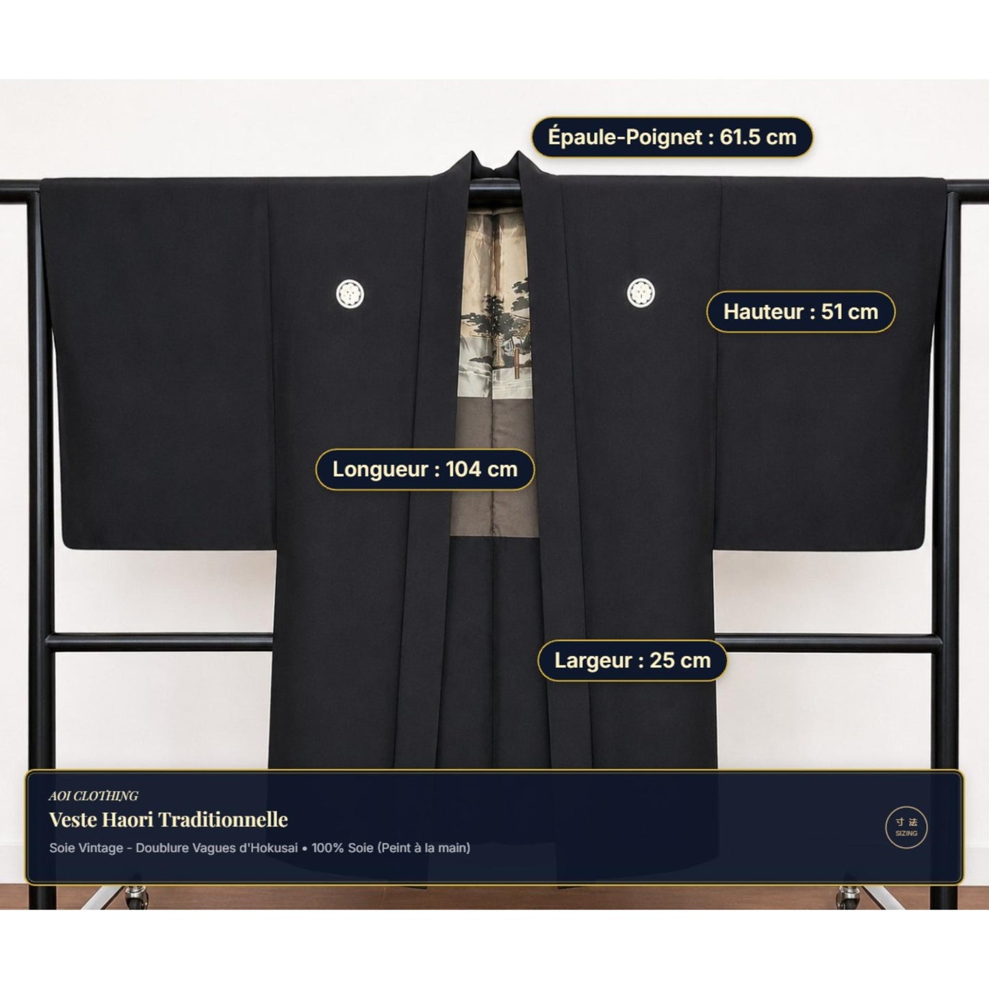 Veste Haori Traditionnelle pour Homme – Noir Satiné et Blasons Kamon Classiques