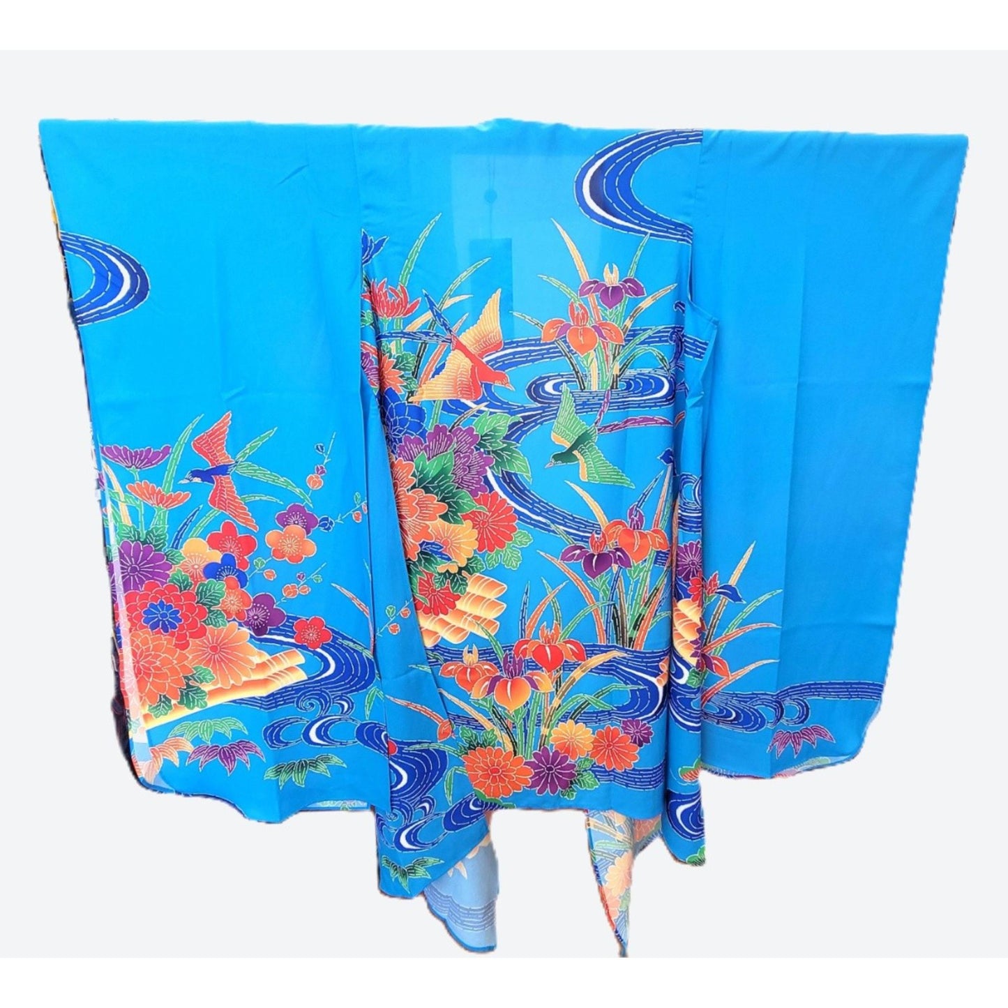 Kimono Cardigan Fluide en Soie – Bleu Éclatant à Motifs Floraux Traditionnels Bleu clair