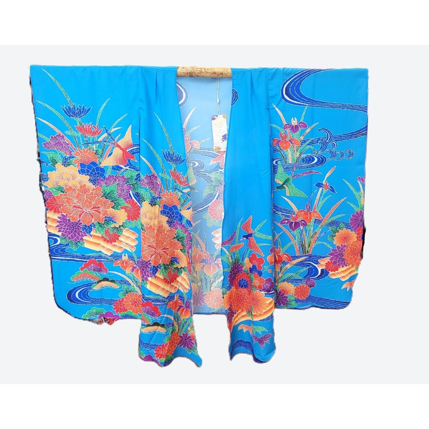 Kimono Cardigan Fluide en Soie – Bleu Éclatant à Motifs Floraux Traditionnels Bleu clair