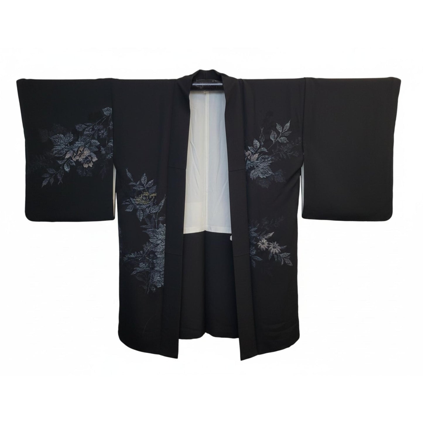 Vintage Japanese Silk Haori Jacket - Authentic Kimono Robe Noir [Des roses]