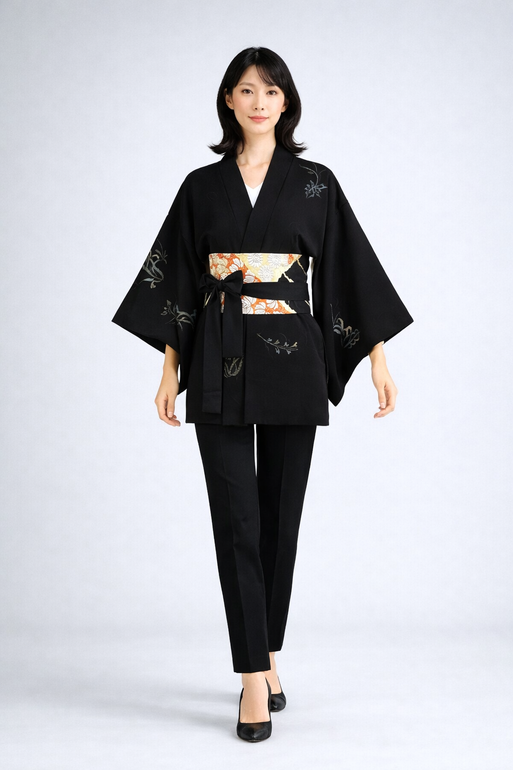 Vintage Japanese Silk Haori Jacket - Authentic Kimono Robe Noir [Inspiré du muguet]