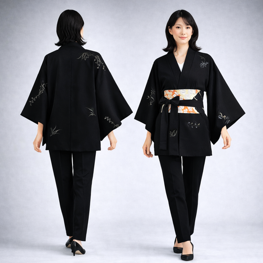 Vintage Japanese Silk Haori Jacket - Authentic Kimono Robe Noir [Inspiré du muguet]