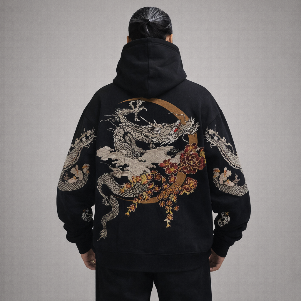Hoodie Dragon Céleste & Lune Dorée - Confort et Style Ancestral