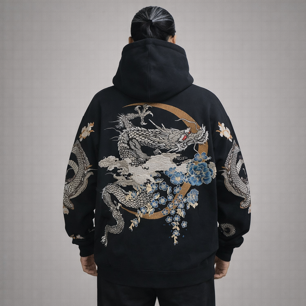 Hoodie Dragon Céleste bleu & Lune Dorée - Confort et Style Ancestral