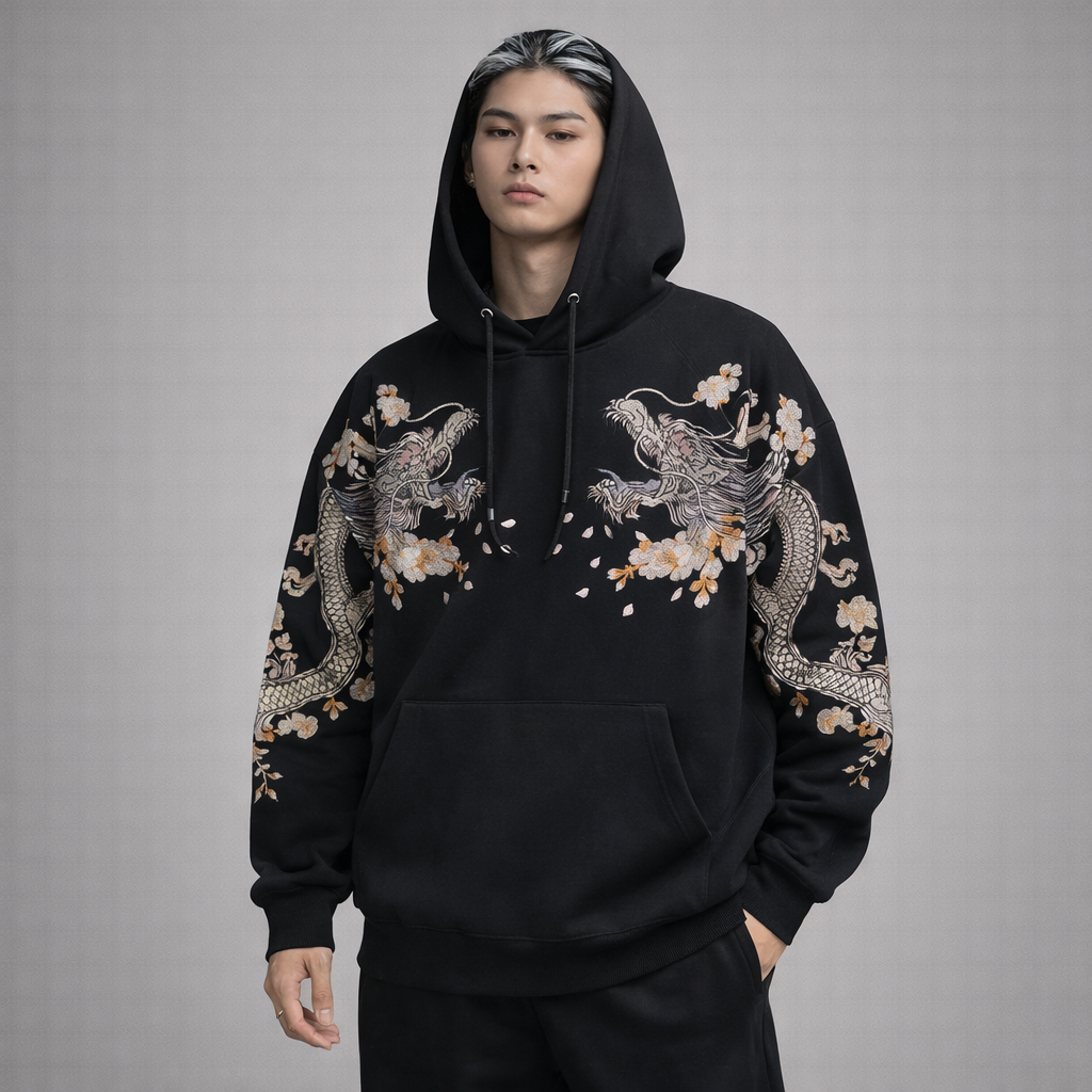Hoodie Dragon Céleste bleu & Lune Dorée - Confort et Style Ancestral