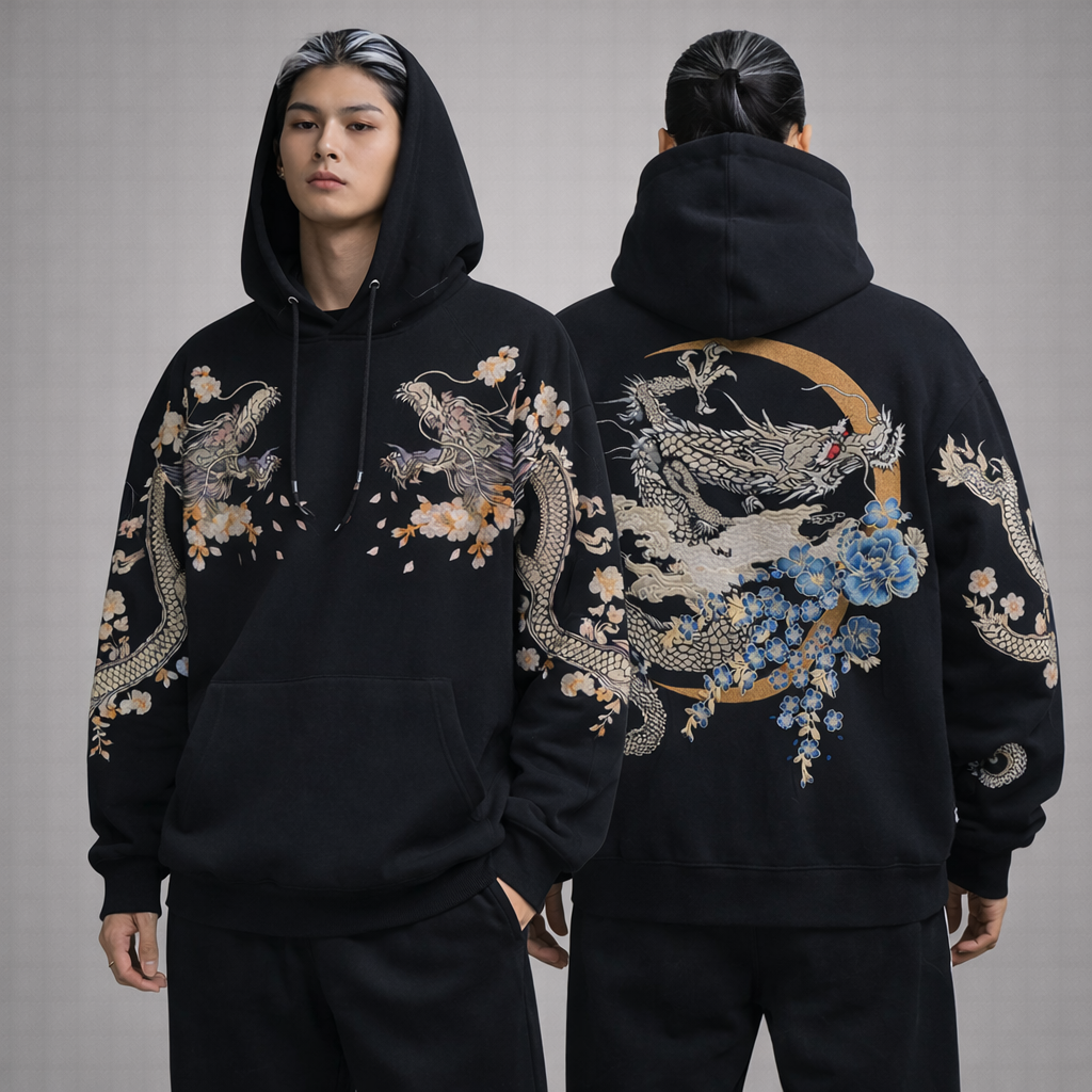 Hoodie Dragon Céleste bleu & Lune Dorée - Confort et Style Ancestral