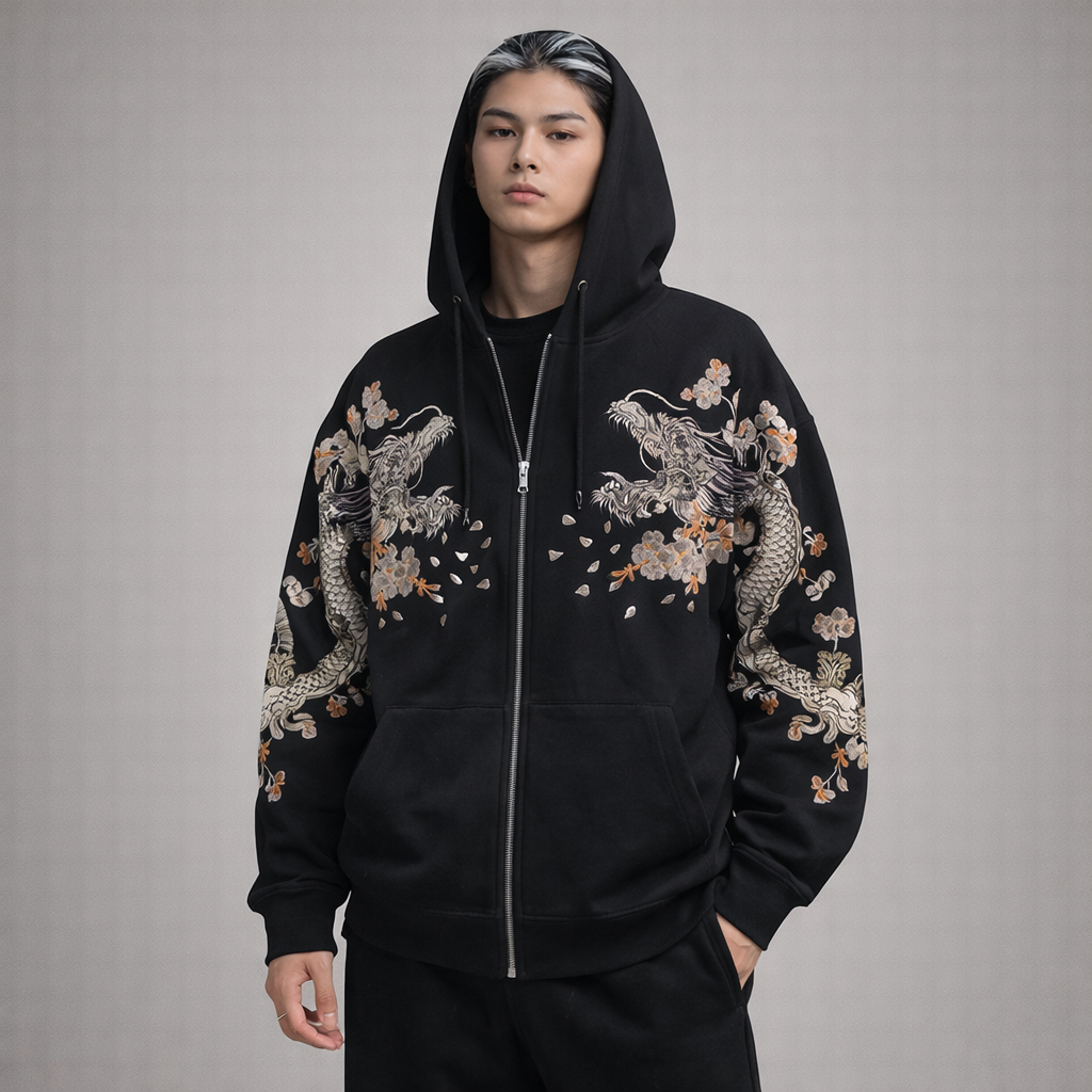 Hoodie Dragon Céleste & Lune Dorée - Confort et Style Ancestral