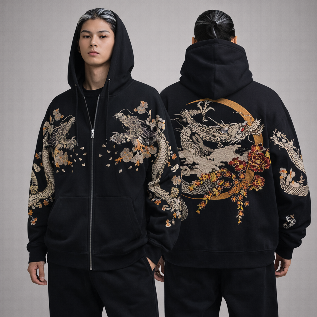 Hoodie Dragon Céleste & Lune Dorée - Confort et Style Ancestral