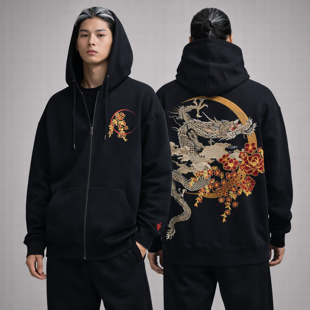 Hoodie Dragon & Lune Mystique - Élégance et Force Ancestrale