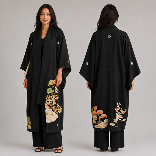 Veste Kimono Longue en Soie Noire – Kamon et Motifs Traditionnels Peints