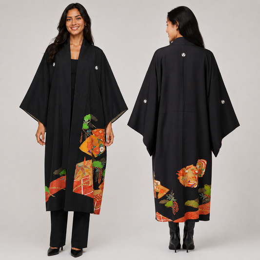 Veste Kimono Longue d'Exception – Noir Profond et Motifs Traditionnels d'Éventails et de Pins