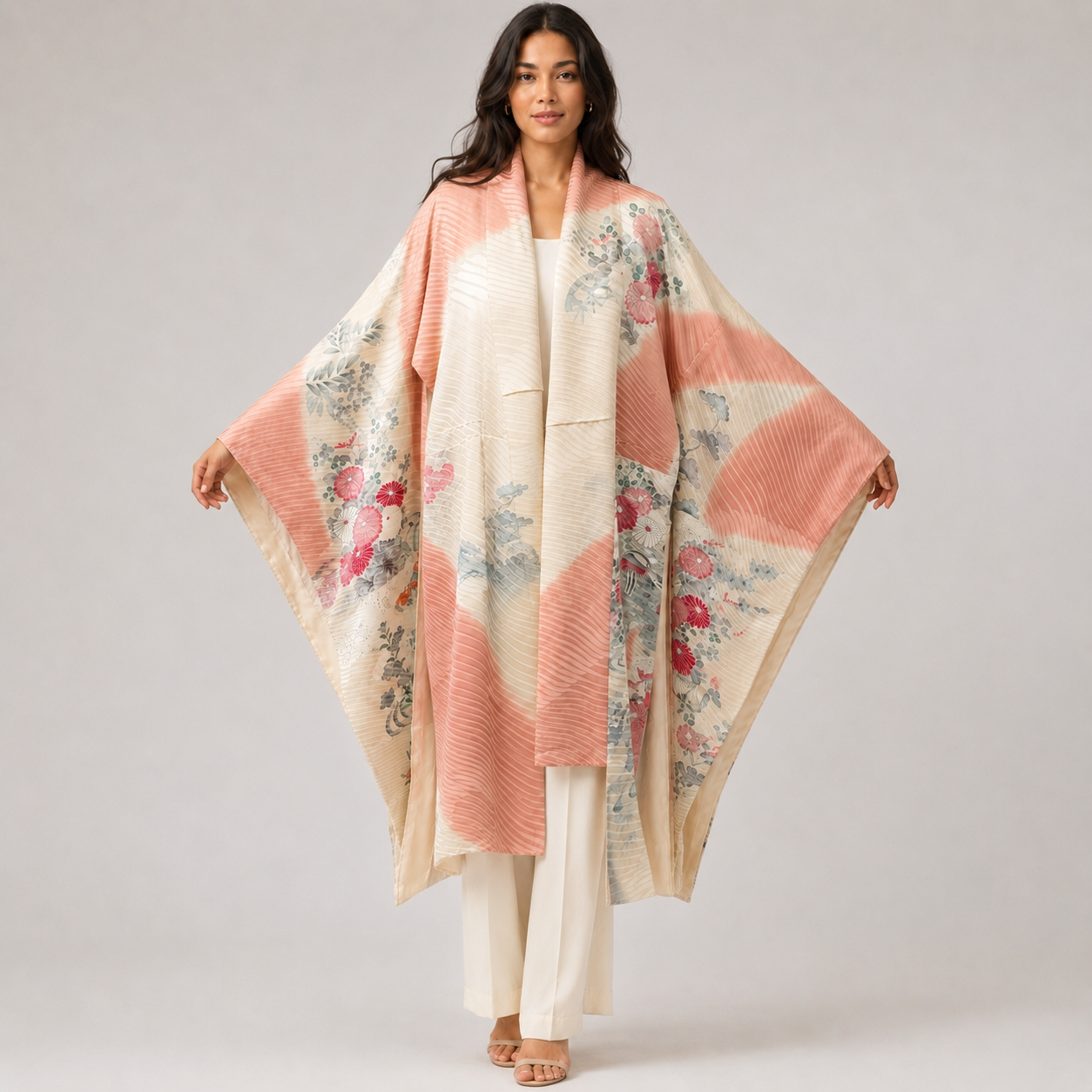 Veste Kimono Longue Poétique – Tons Crème et Rose Poudré aux Motifs Floraux Délicats