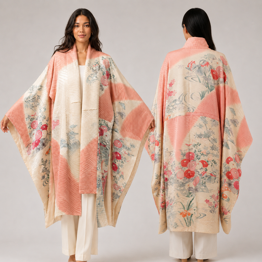 Veste Kimono Longue Poétique – Tons Crème et Rose Poudré aux Motifs Floraux Délicats