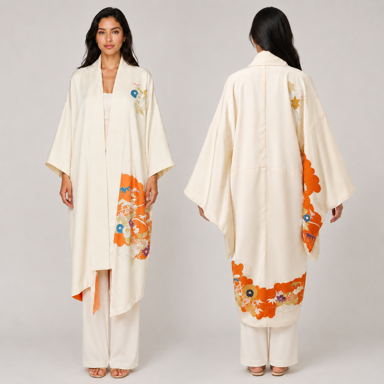 Veste Kimono Longue Raffinée – Teinte Ivoire et Motifs Traditionnels d'Éventails Orange Éclatant
