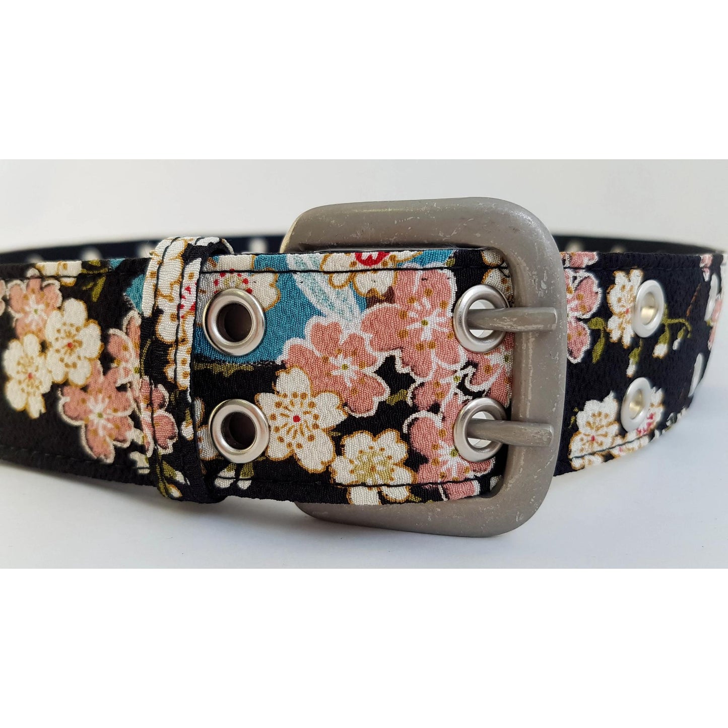 Ceinture japonaise imprimé Chirimen - Noir fleurs