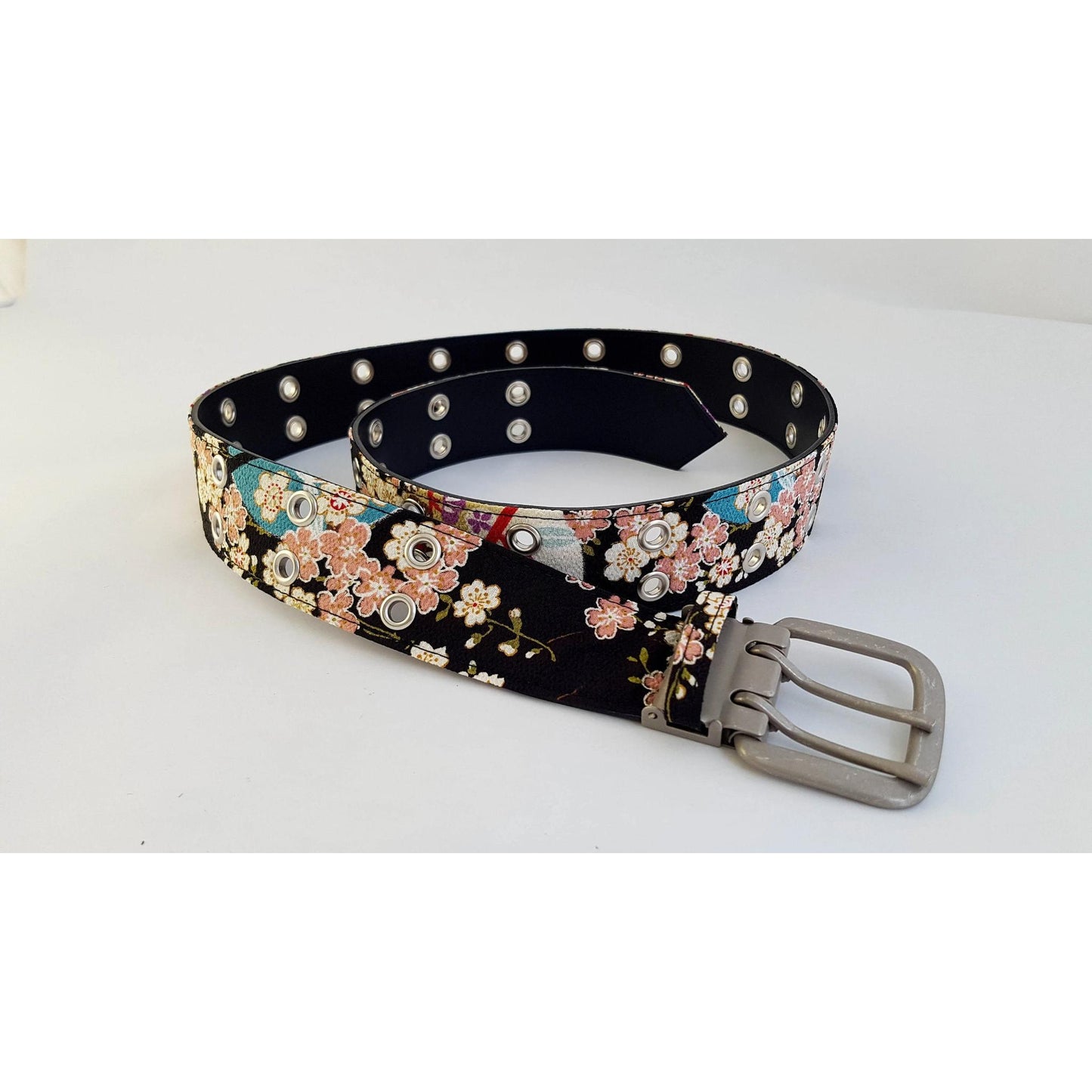 Ceinture japonaise imprimé Chirimen - Noir fleurs